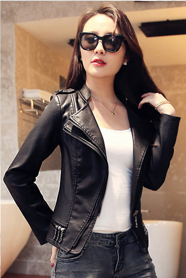 Slim Oblique Zipper Lapel Crop Jacket - May Your Fashion - 1