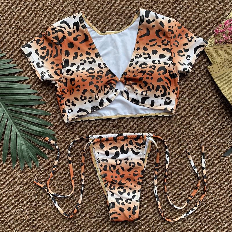 Strappy Print Short Sleeve Thong Bottom Bikinis