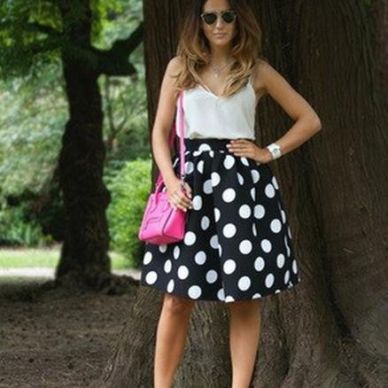 Black And White Dots Print A-line Middle Skirt - May Your Fashion - 2