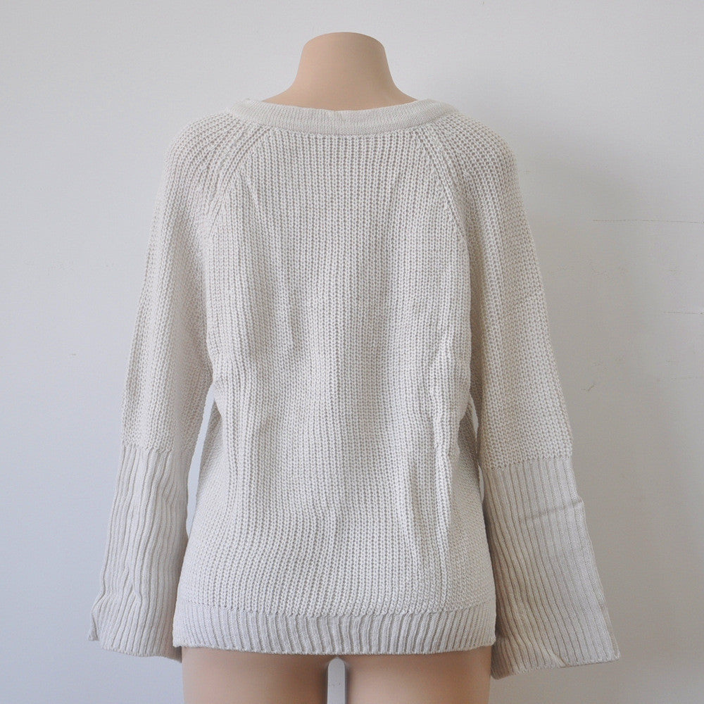 V-neck Straps Pure Color Long Loose Sleeves Short Sweater