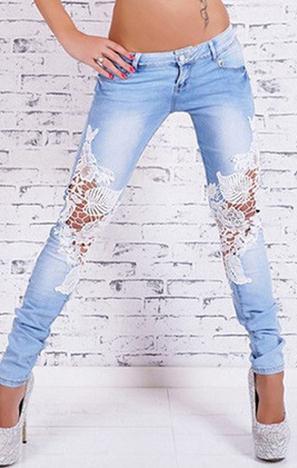 Lace Patchwork Hollow Low Waist Straight Jeans - Meet Yours Fashion - 2