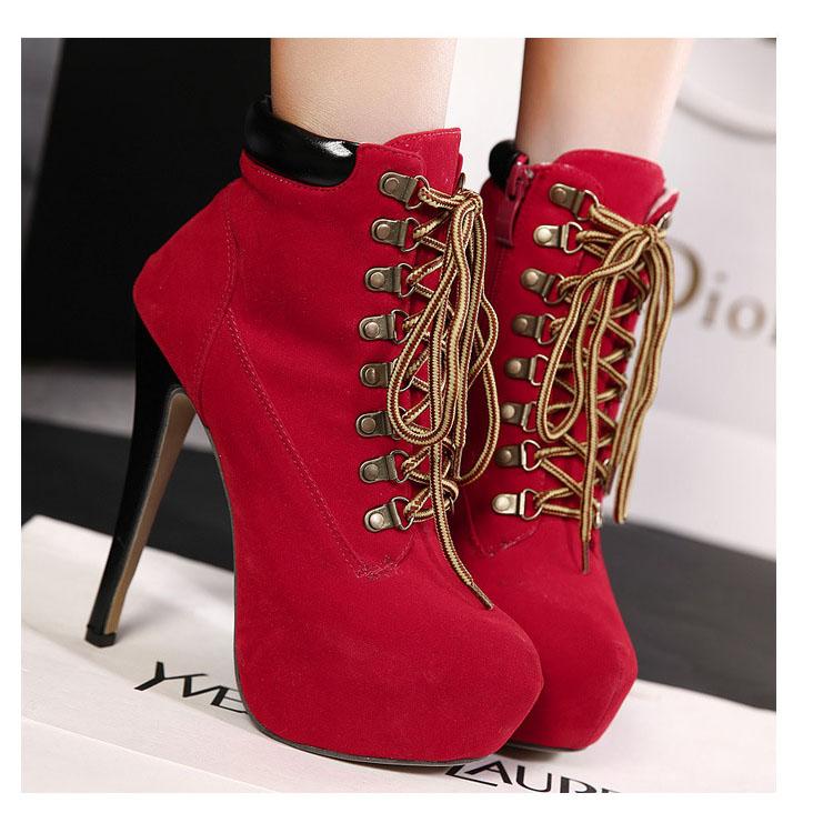 Round Toe Lace Up Ankle Length Stiletto High Heels Short Martin Boots