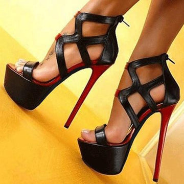 Hollow Out PU High Heels Platform Sandals - MeetYoursFashion - 1