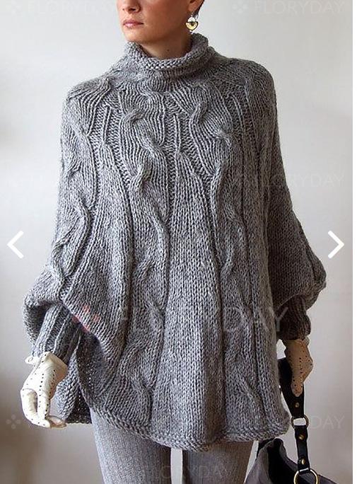 Turtleneck Cable Knit Long Batwing Sleeves Irregular Oversized Cloak Pullover Sweater