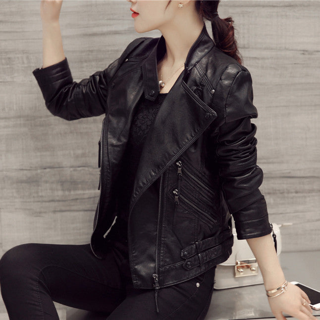 Black Oblique Zipper Slim Stand Collar Crop Jacket - May Your Fashion - 2