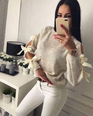 Straps Bowknot Hollow Out Women Solid Color Slim Sweater
