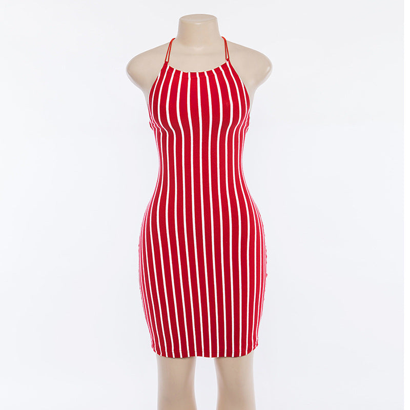 Backless Straps Halter Women Knee-length Red Stripe Dress