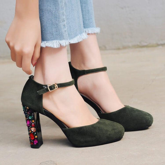 Casual Suede Rhinestone Chunky Heel High Heels