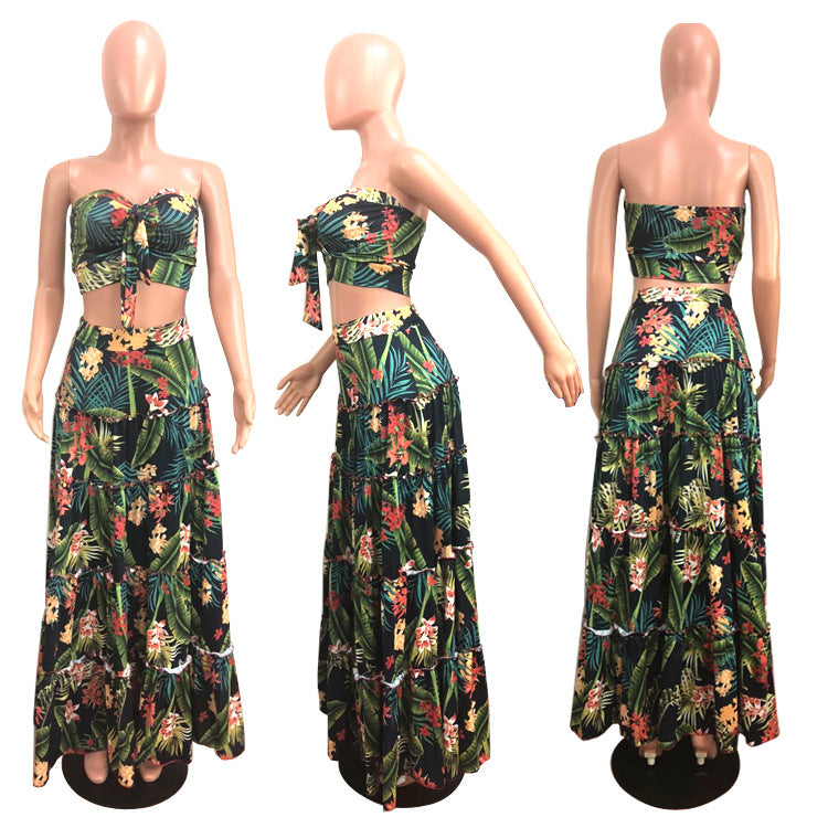 Print Strapless Crop Top with High Waist Long Skirt Women Two Pieces Dress Set