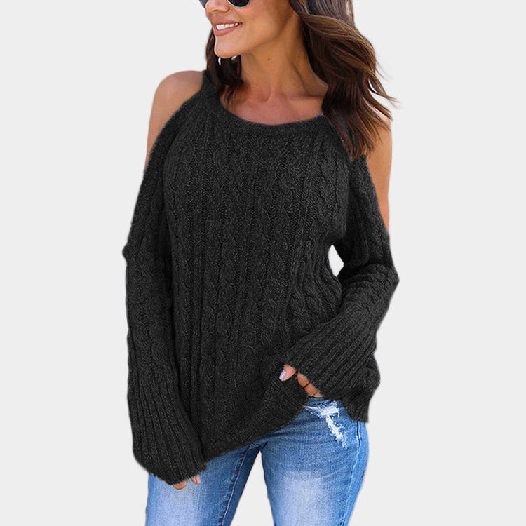 Cable Knit Scoop Bare Shoulder Women Loose Sweater