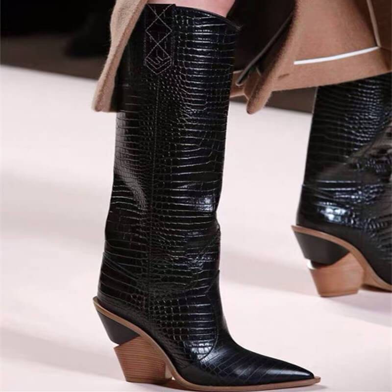Leather Chunky Heel Point Toe Knee High Boots