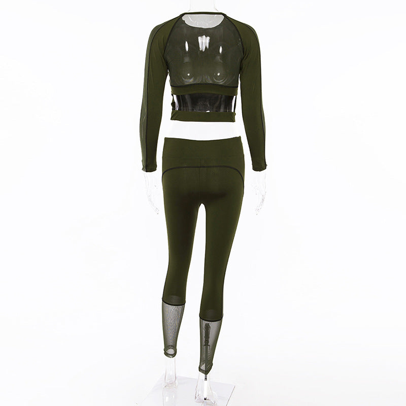 Mesh Patchwork Crop Top with High Waist Leggings Women Sports Two Pieces Set