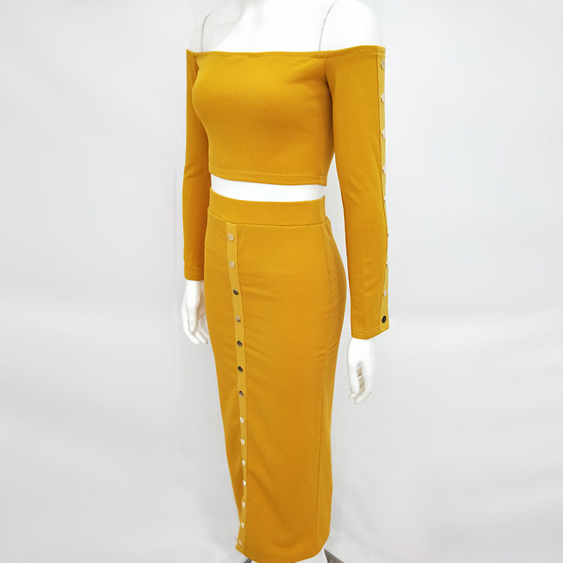 Off the Shoulder Crop Top with High Waist Tea-length Split Skirt Women Two Pieces Set