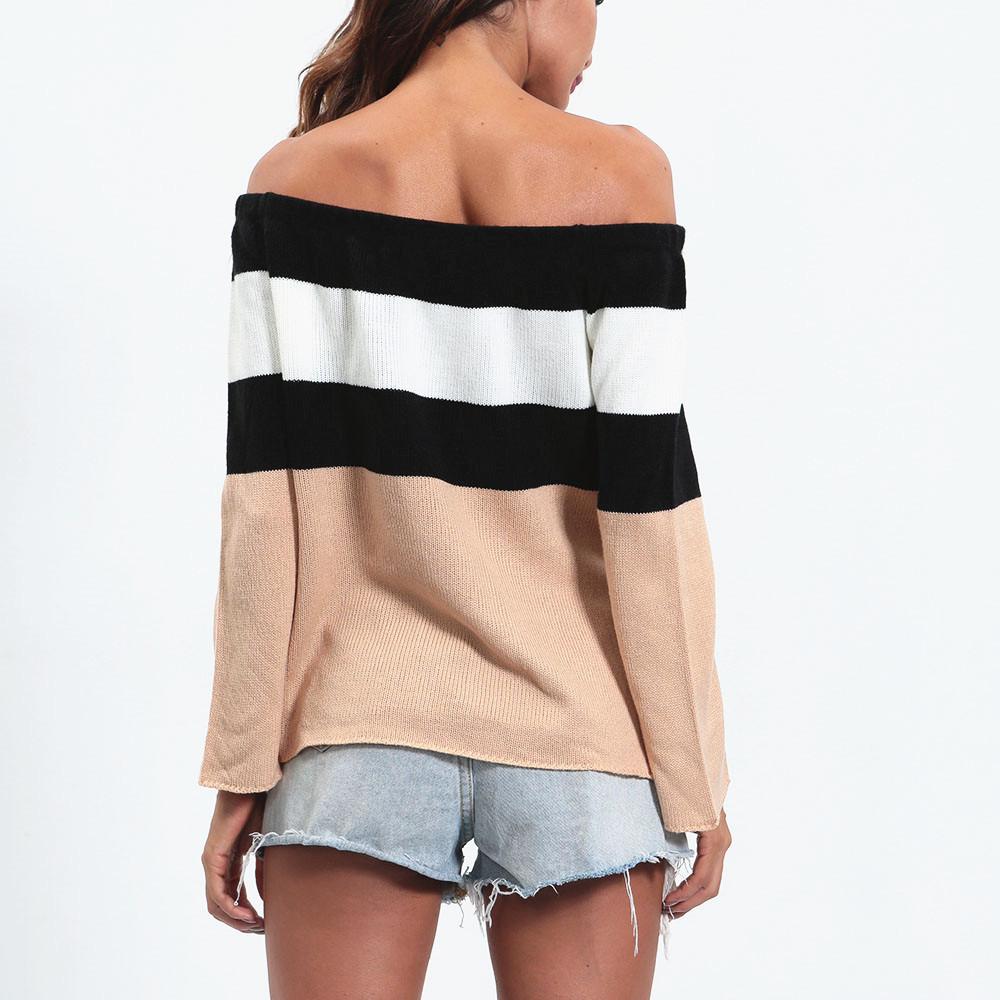 Off the Shoulder Stripes Long Trumpet Sleeve Split IrregularWomen Pullover Sweater