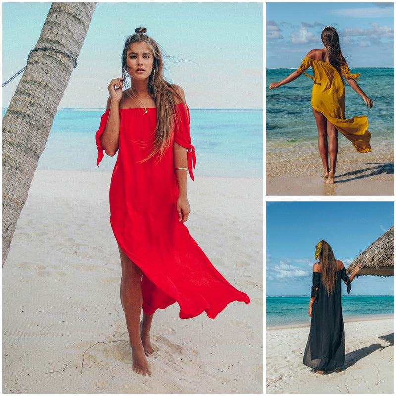 Off the Shoulder Solid Color Loose Split Long Women Chiffon Beach Dress
