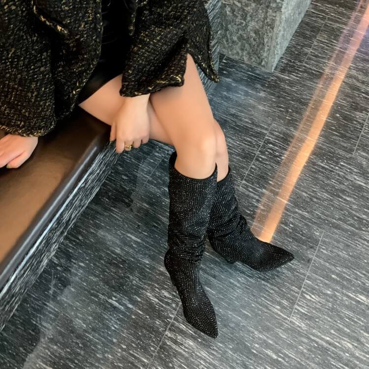Party Rhinestone Point Toe Wedge Knee High Boots