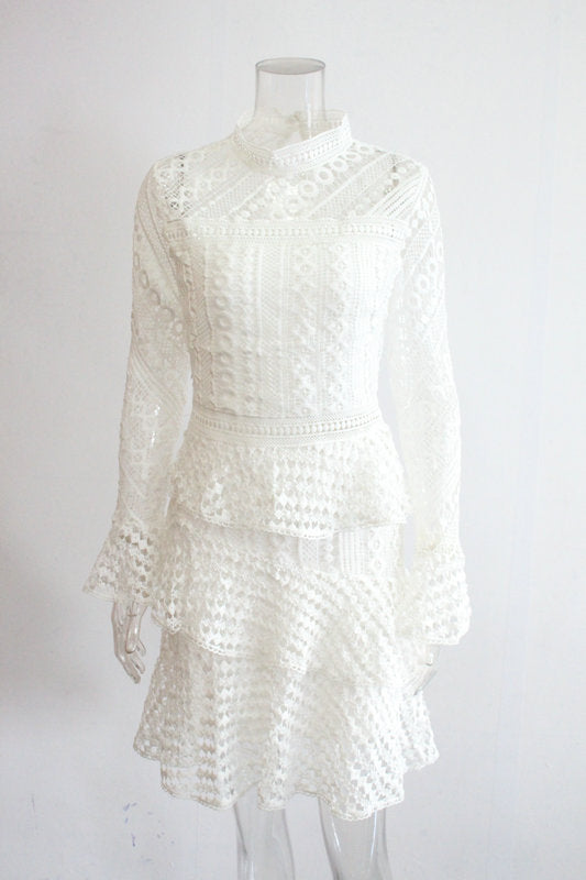 Hollow Out Lace Long Trumpet Sleeves Women Short White Dress