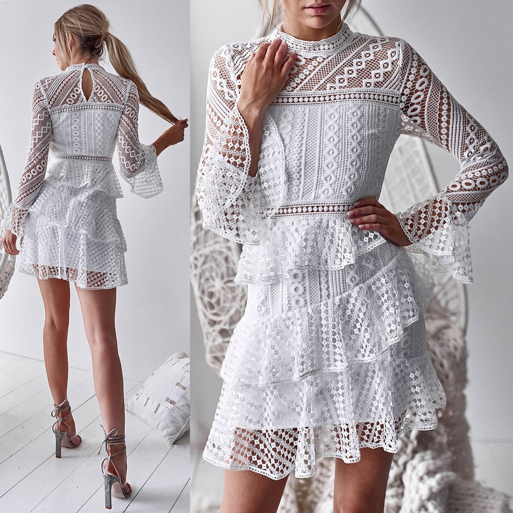 Hollow Out Lace Long Trumpet Sleeves Women Short White Dress