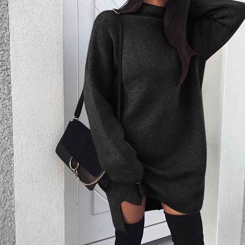 High Neck Solid Color Split Long Loose Women Pullover Sweater