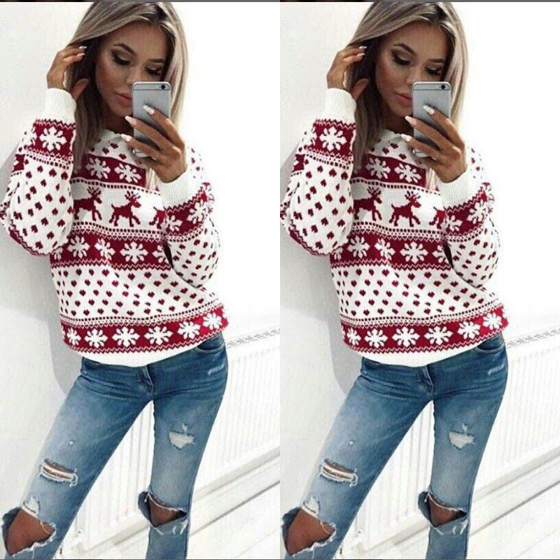Deer Snow Print Women Colorful Knitwear Pullover Christmas Sweater