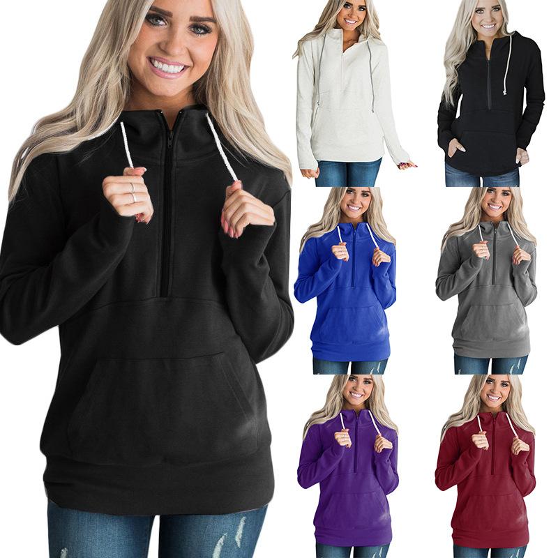 Drawstring Zipper Pocket Stand Collar Women Sweatshirt