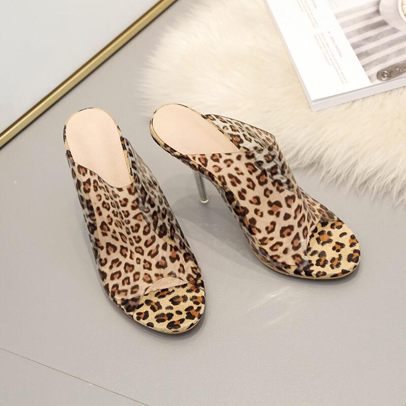 Leopard High Heel Peep Toe Mules Sandals