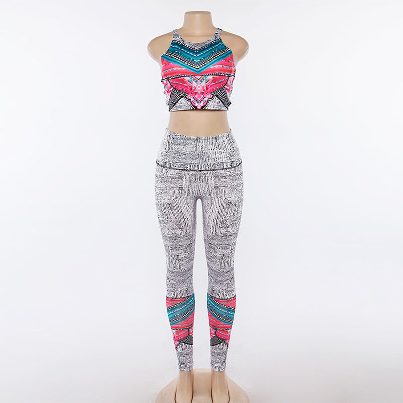 Print Crop Top with High Waist Long Skinny Leggings Two Pieces Yoga Sports Set
