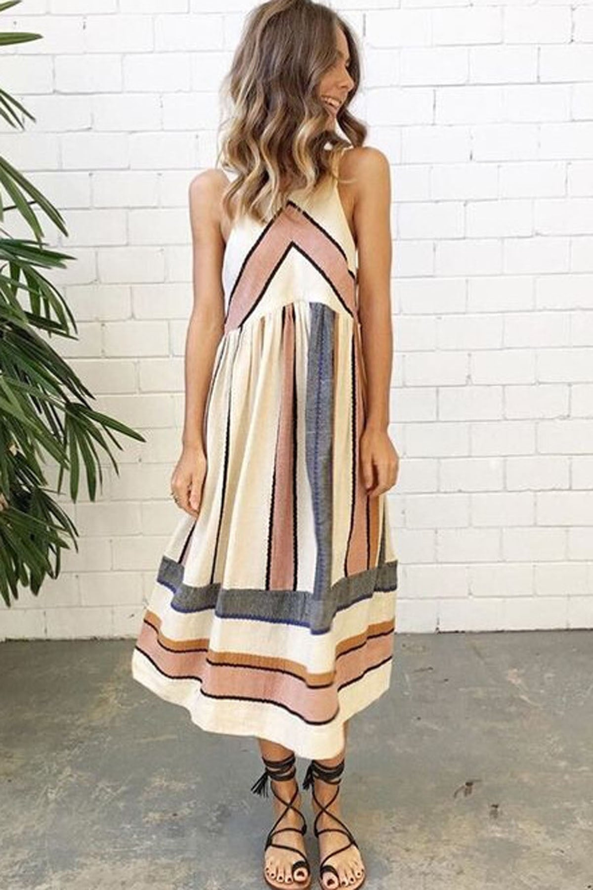 Bear Shoulder Stripe Print Sleeveless Tee Length Dress