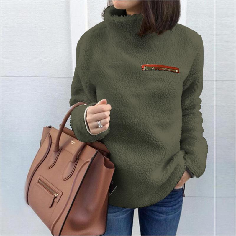 High Neck Fluffy Solid Color Women Sweatshirt