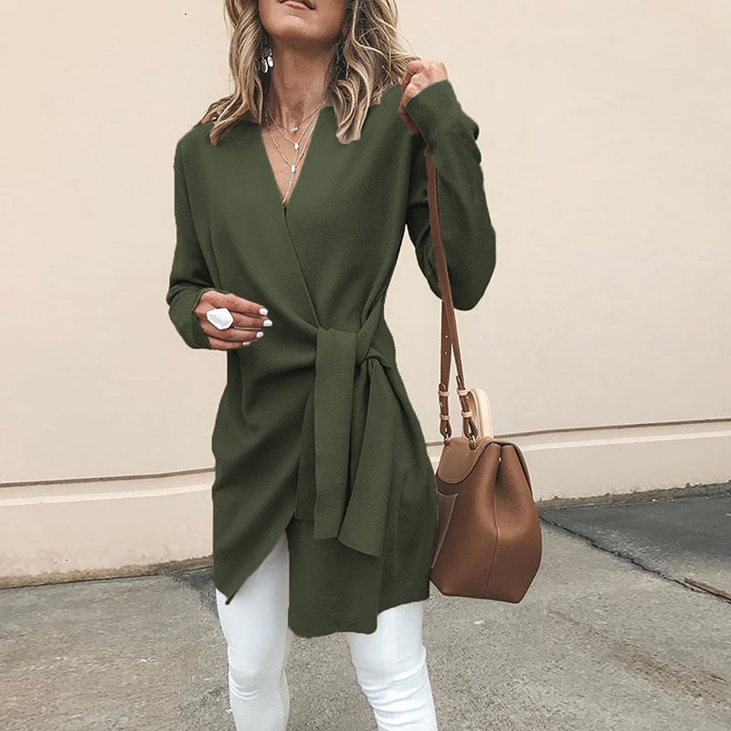 V-neck Solid Color Women Oversized Irregular Straps Bandage Coat