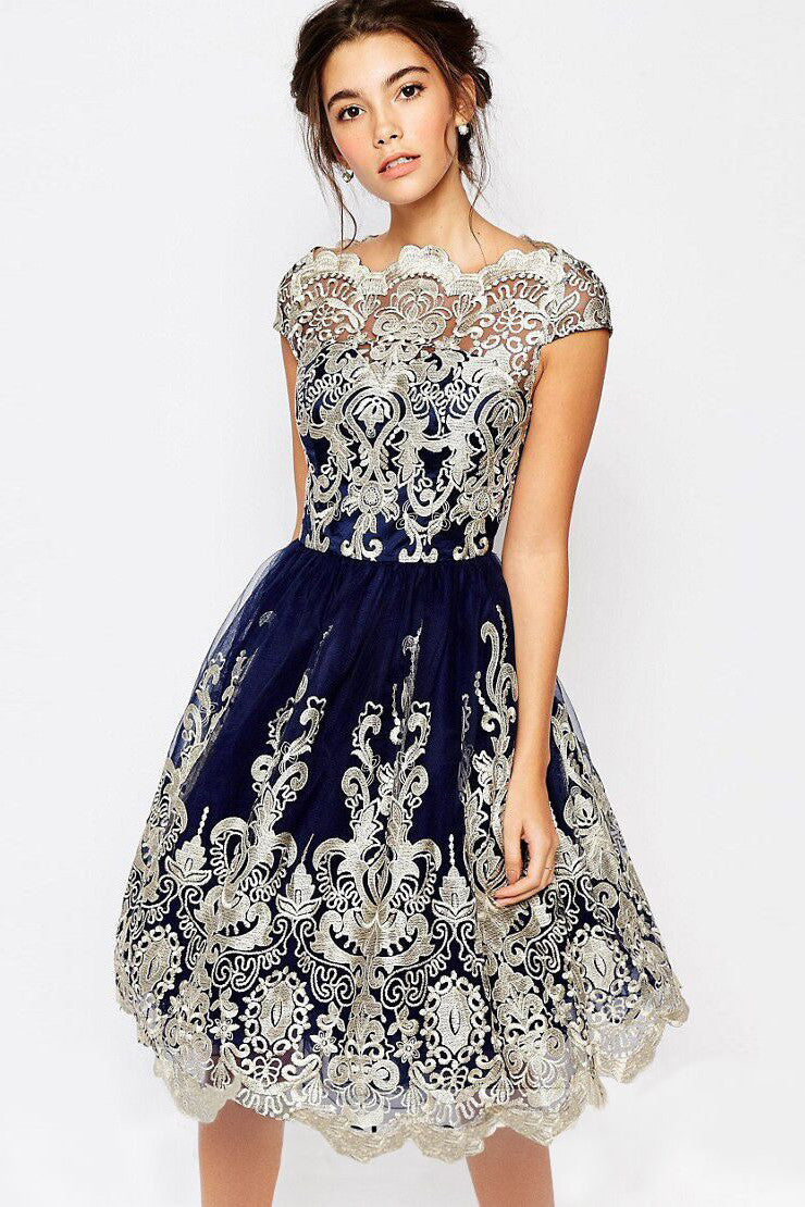 Short Sleeves Retro Embroidery Knee-length Lace Party Dress