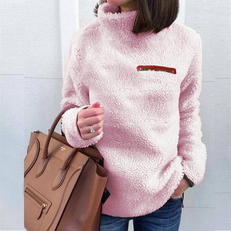 High Neck Fluffy Solid Color Women Sweatshirt