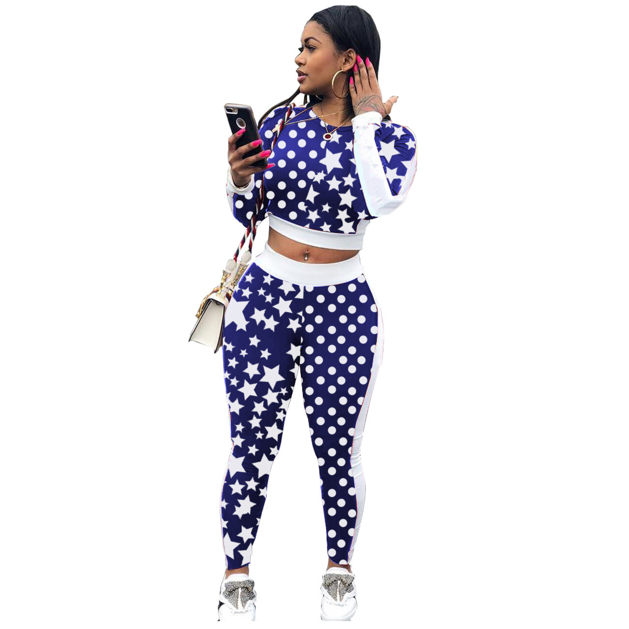 Stars Polka Dots Print Crop Top with Long Skinny Pants Two Pieces Set