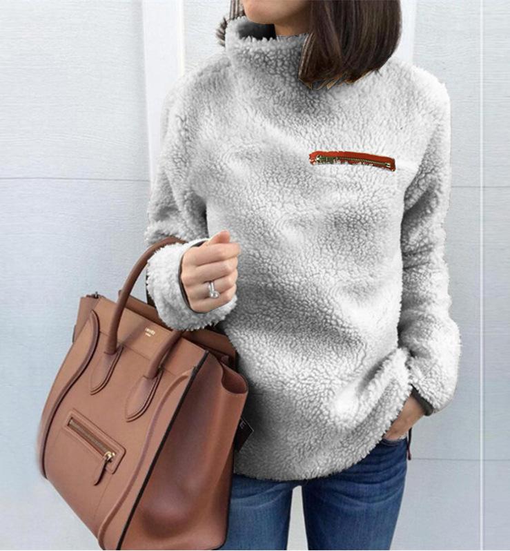 High Neck Fluffy Solid Color Women Sweatshirt