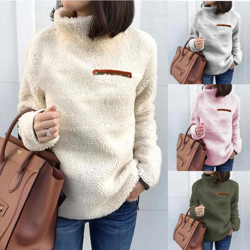 High Neck Fluffy Solid Color Women Sweatshirt