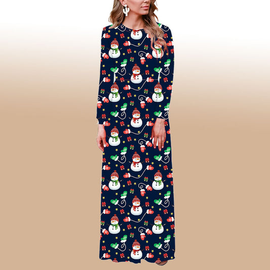 Christmas Crewneck Snowman Print Maxi Dress