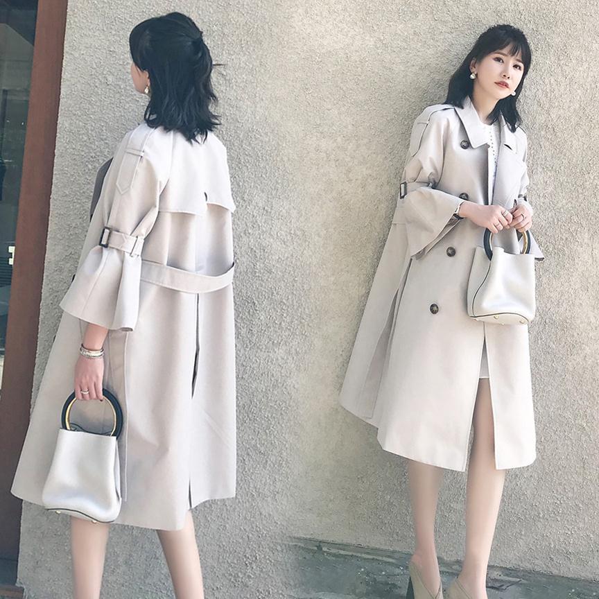 Solid Color Double Breast 3/4 Trumpet Sleeves Oversized Women Coat