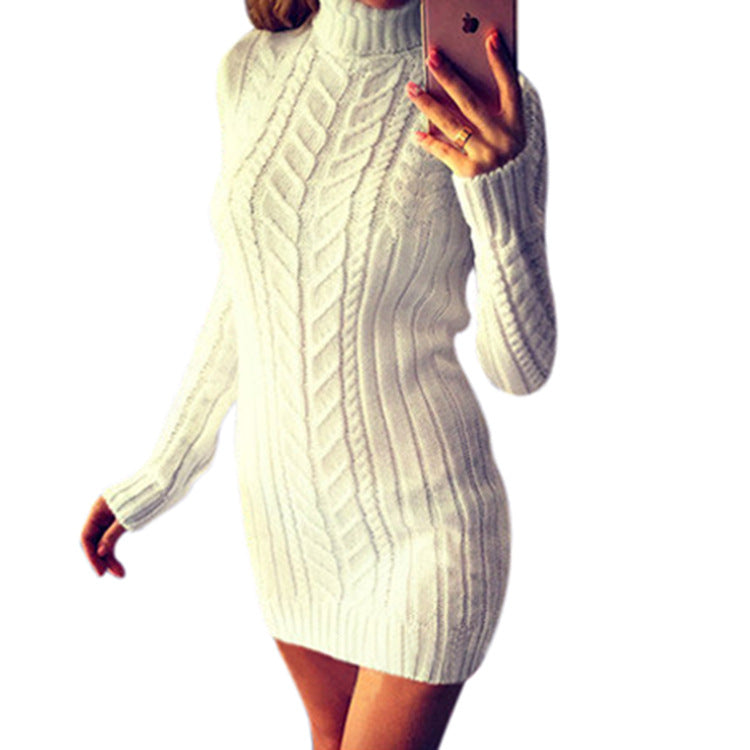 High Neck Cable Knitwear Women Oversized Long Sweater