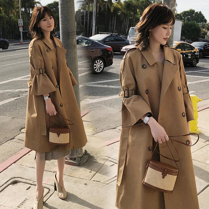 Solid Color Double Breast 3/4 Trumpet Sleeves Oversized Women Coat