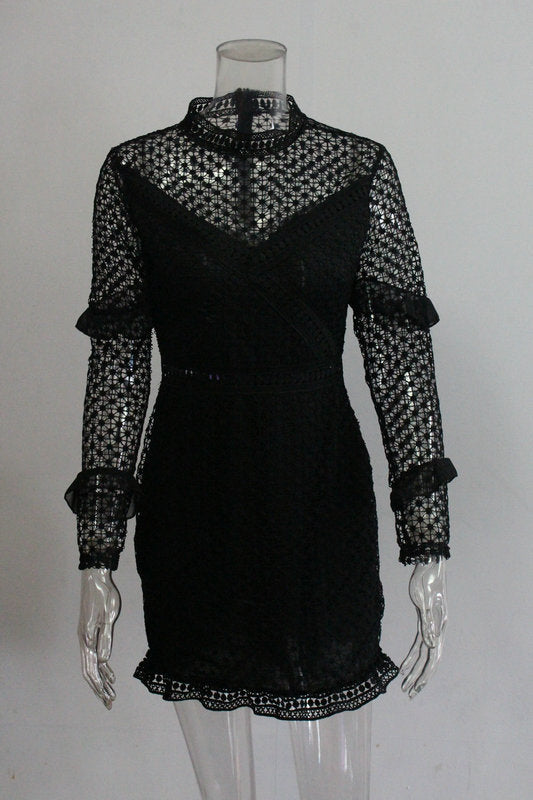 Hollow Out Transparent Long Sleeves Women Short Dress