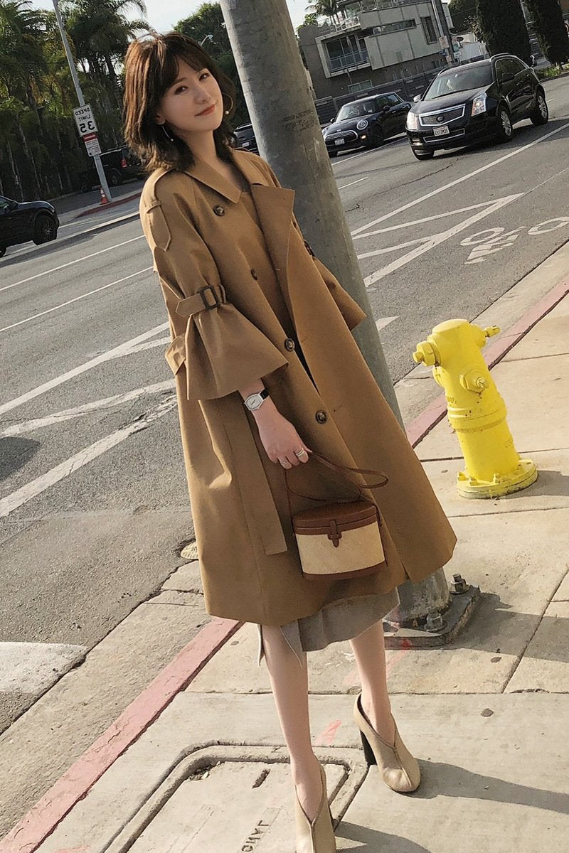 Solid Color Double Breast 3/4 Trumpet Sleeves Oversized Women Coat