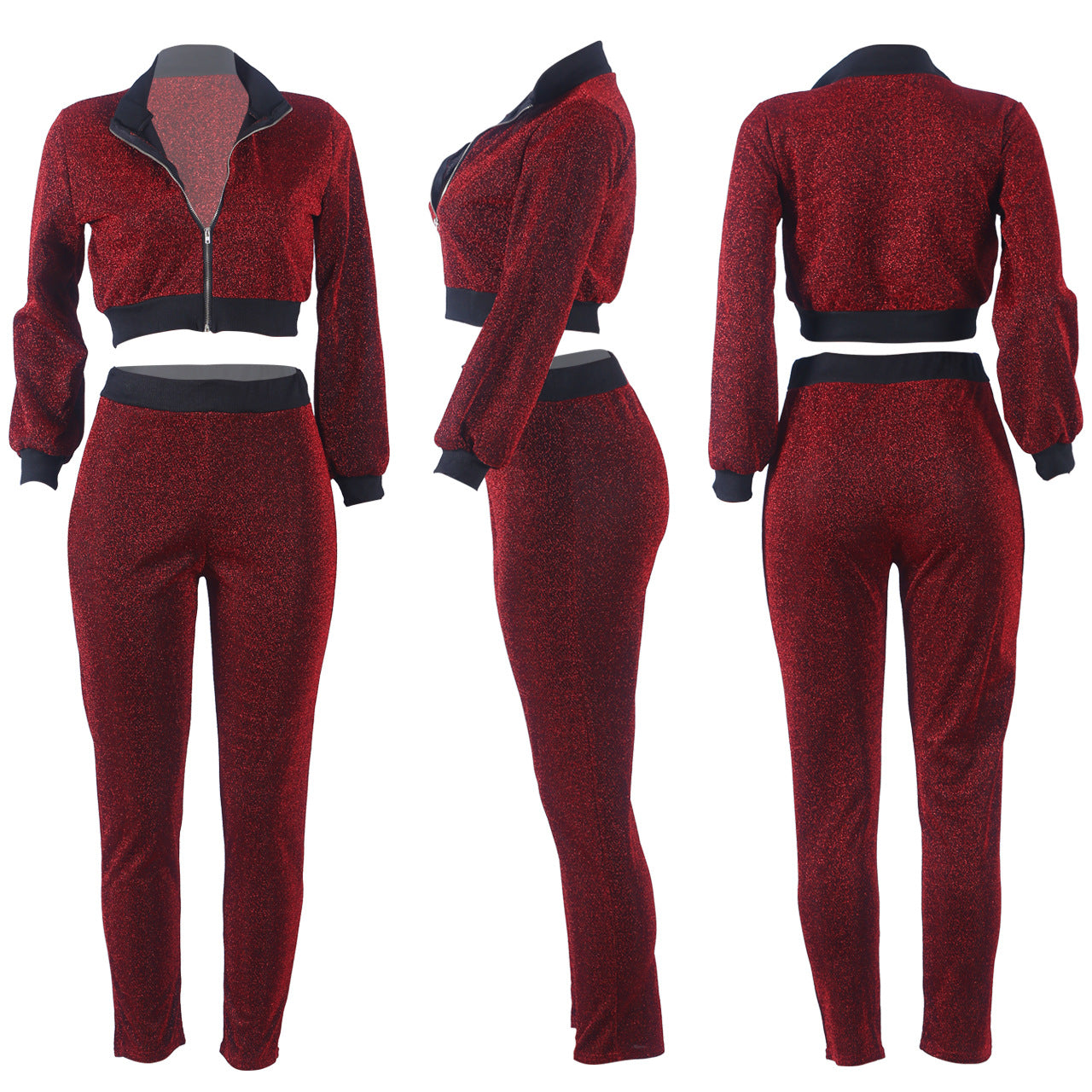 Patchwork Zipper Cropped Coat with High Waist Skinny Legging Women Two Pieces Set