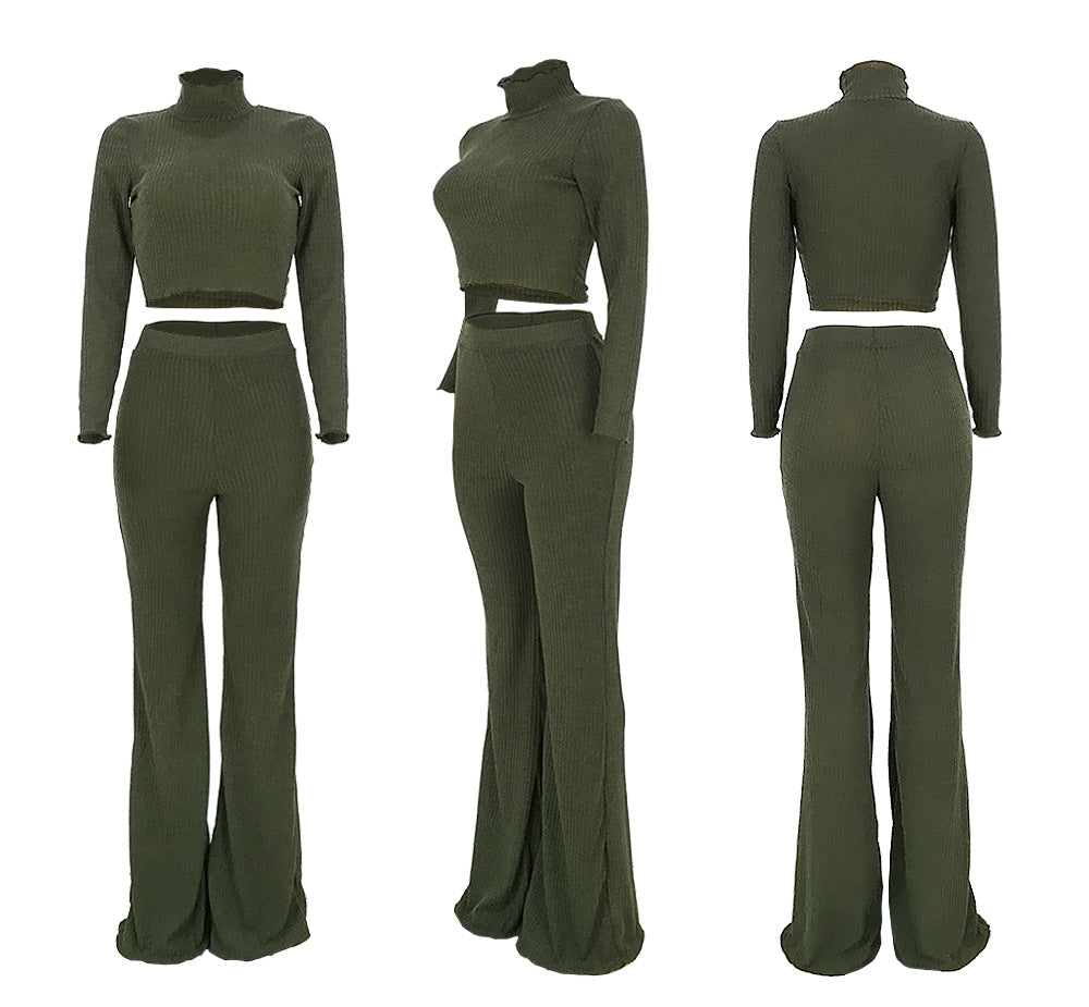 Solid Color Cropped Sweater with High Waist Long Flares Pants Women Two Pieces Set