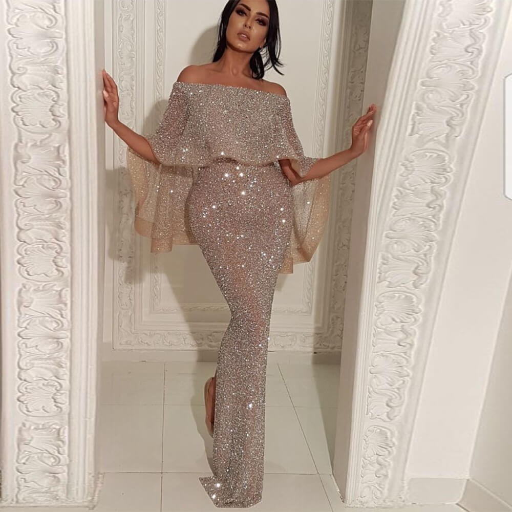 Off the Shoulder Sequins Gowns Long Mermaid Dress