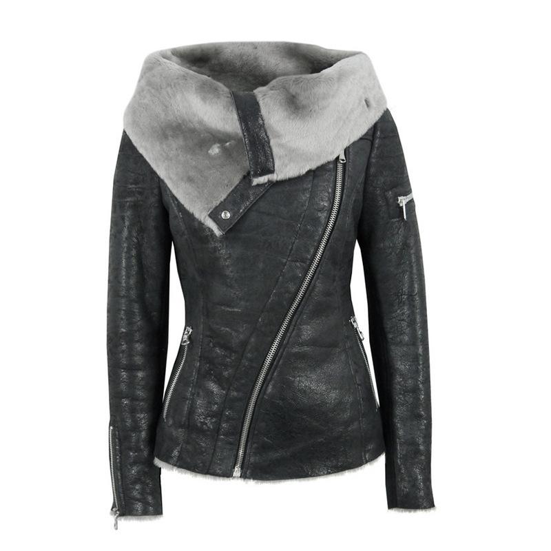 Lapel Faux Fur Oblique Zipper Women Slim Motorcycle Short PU Jacket