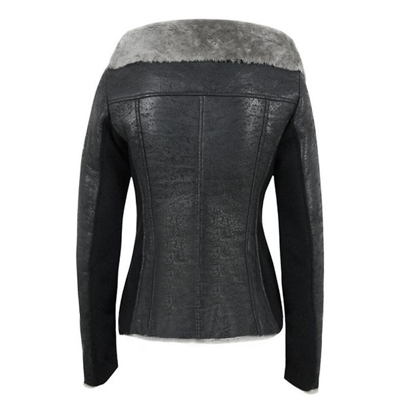 Lapel Faux Fur Oblique Zipper Women Slim Motorcycle Short PU Jacket