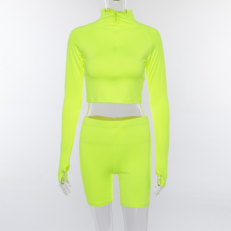 Fluorescent Color Crop Top with High Waist Shorts Women Two Pieces Set
