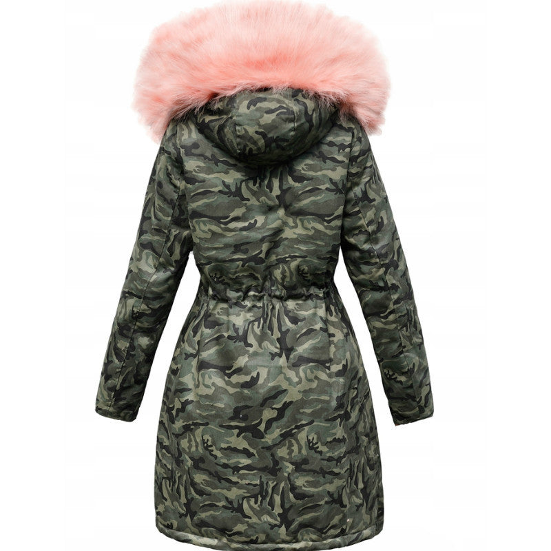 Big Faux Fur Collar Camouflage Women Slim Oversized Long Down Coat
