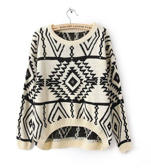 Geometric Argyle Long-Sleeved Loose Knit Scoop Pullover Sweater