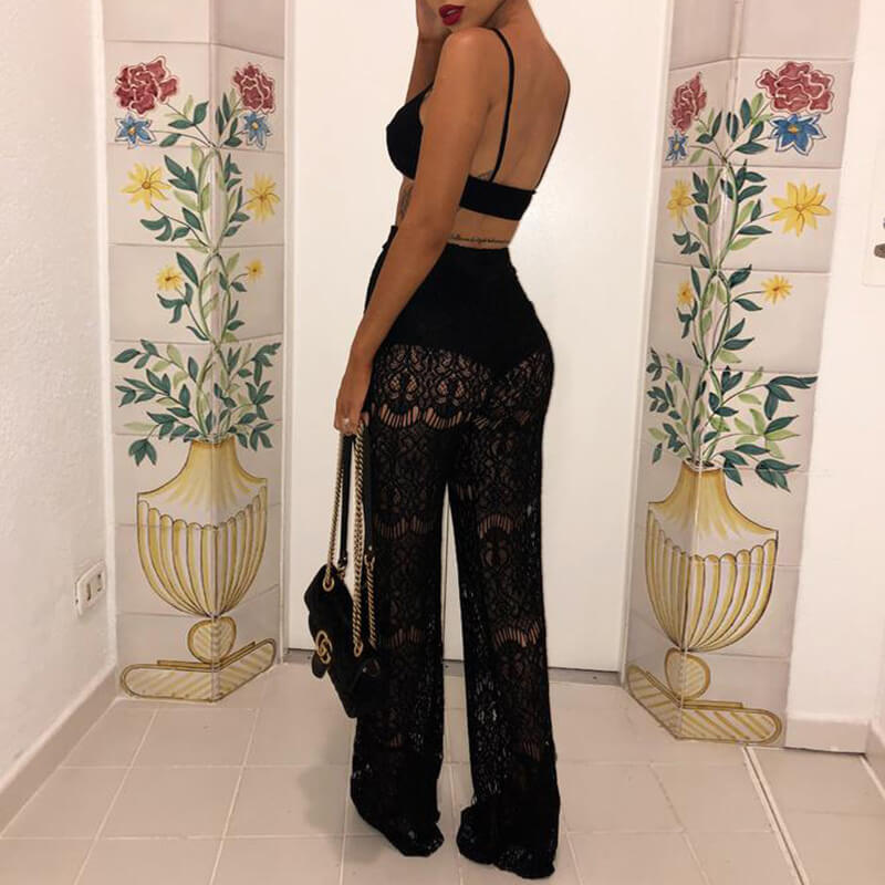 Sexy Wide Leg High Waist Lace Cutout Pants